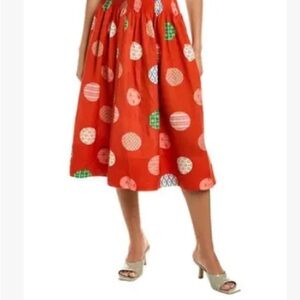 HUNTER BELL Red Linen blend Smocked A-Line Midi Skirt